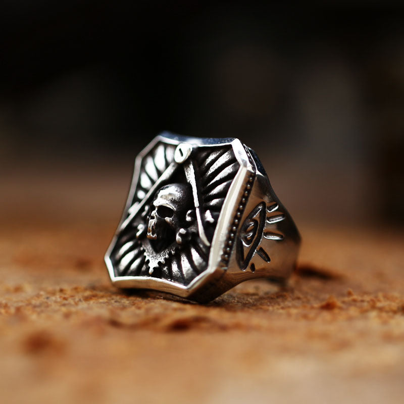 Punk-Inspired Retro Masonic Skull Titanium Steel Ring for Men