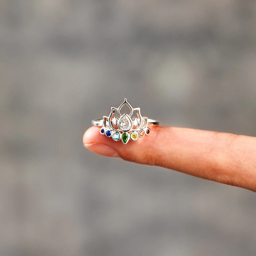 Hollow Lotus Colourful Zircon Sterling Silver Ring