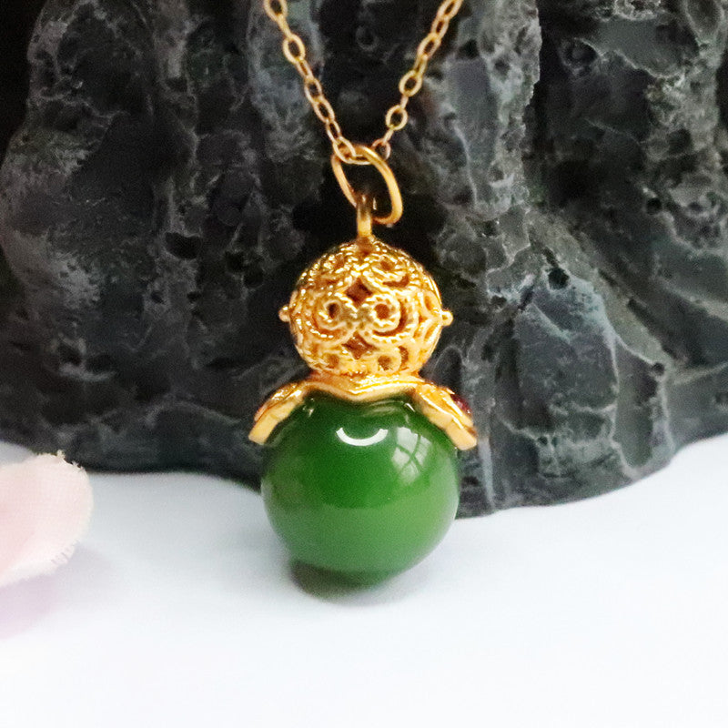 Jade Gourd Pendant Necklace with Sterling Silver Chain