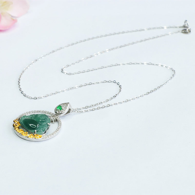 Buddha Green Jade Silver Necklace with Zircon Accents