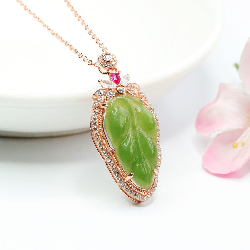 Elegant Natural Hotan Jade Leaf Necklace with Zircon Accents