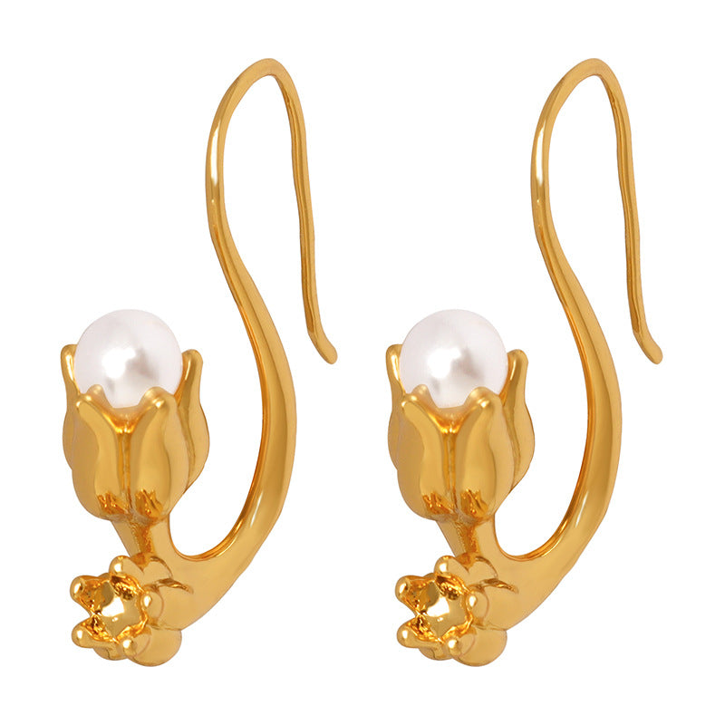 Tulip Imitation Pearl Earrings in Non-Fading Brass