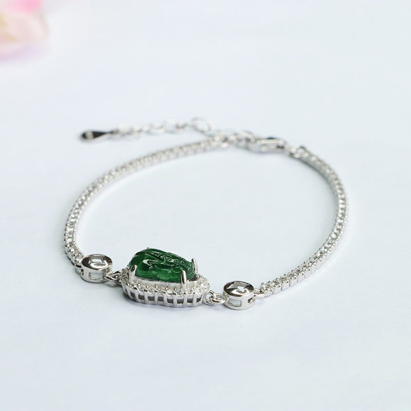 Sterling Silver Pixiu Bracelet with Natural Jade Inlay