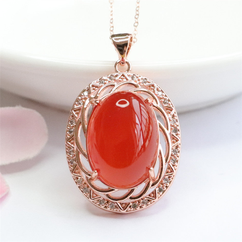 Pigeon Egg Natural Red Agate Pendant Zircon Rose Gold Clavicle Necklace Jewelry