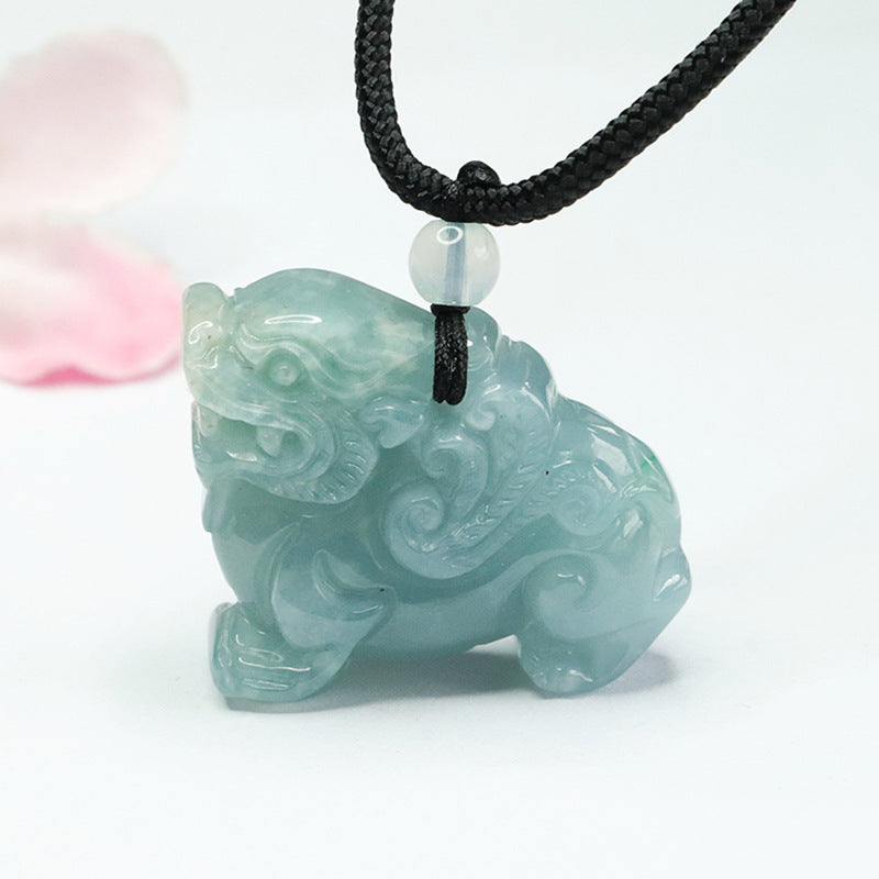 Jadeite Sterling Silver Pixiu Pendant with Green and Blue Accents