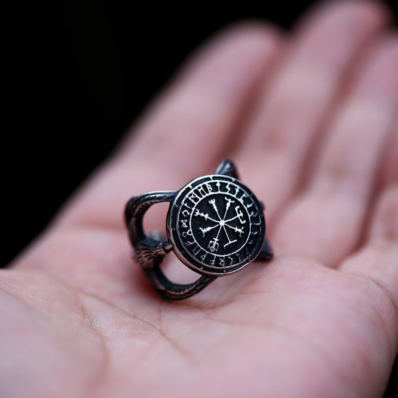 Viking Compass Open Ring in Titanium Steel - Retro Crow Hand Jewelry for Men