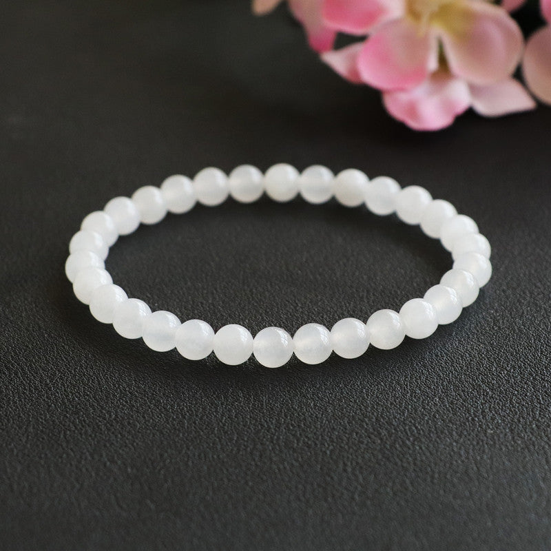 White Jade Round Beads Sterling Silver Bracelet