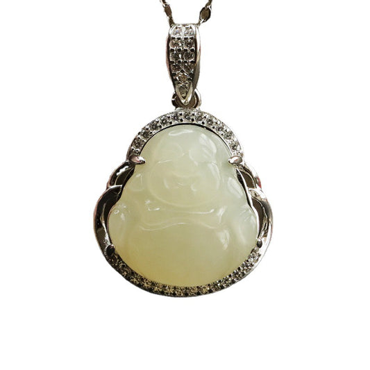 S925 Silver Natural Hetian Jade Pendant Buddha Zircon Necklace Jewelry