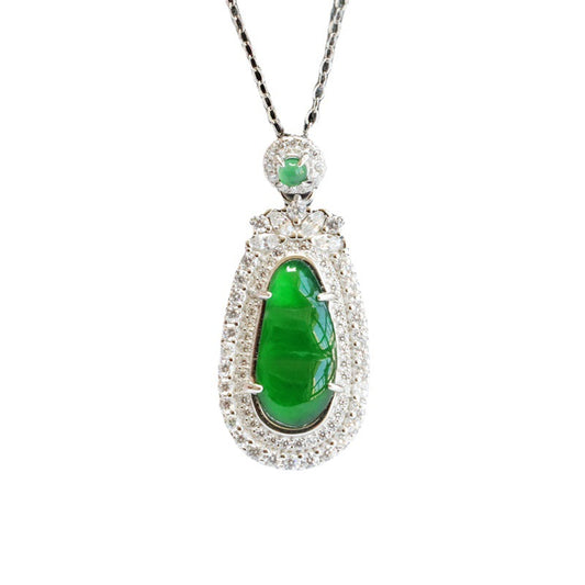 Green Jade and Zircon Sterling Silver Pendant Necklace