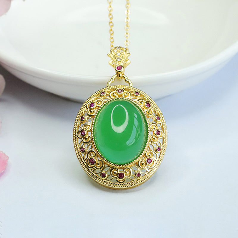 Ice Imperial Green Chalcedony Hollow Ruyi Pattern Zircon Pendant