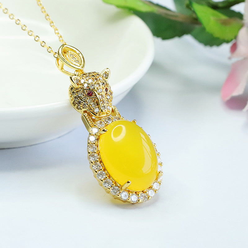 Yellow Chalcedony Zircon Leopard Pendant With Oval Ice Design