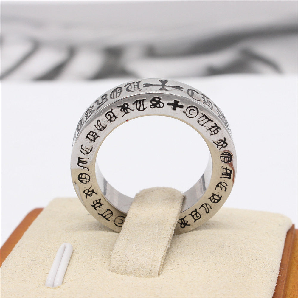 Gothic Text Cross Titanium Steel Ring for Men