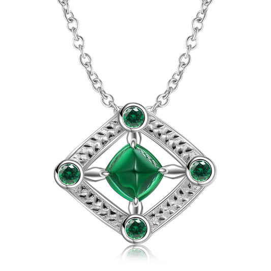 Geometry Square Green Nanometer Stone Rhombus Sterling Silver Necklace