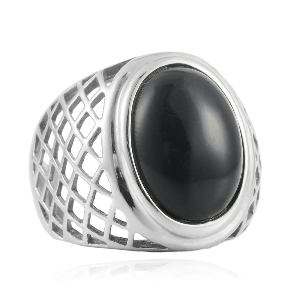 Trendy Titanium Steel Oval Hollow Ring for Men and Women with Black Stone Accent