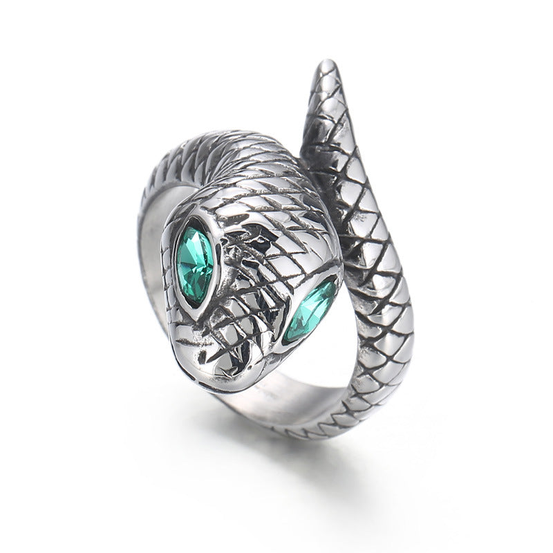 Niche Design Stainless Steel Snake Ring with Creative Green Eye for Trendy Men