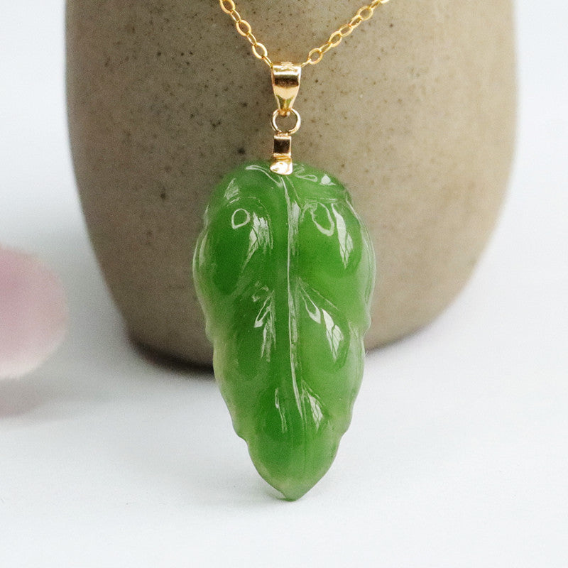 Jade Leaf Pendant Necklace in Russian Green Hotan Jade