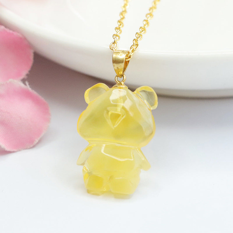 Golden Amber Bear Sterling Silver Necklace