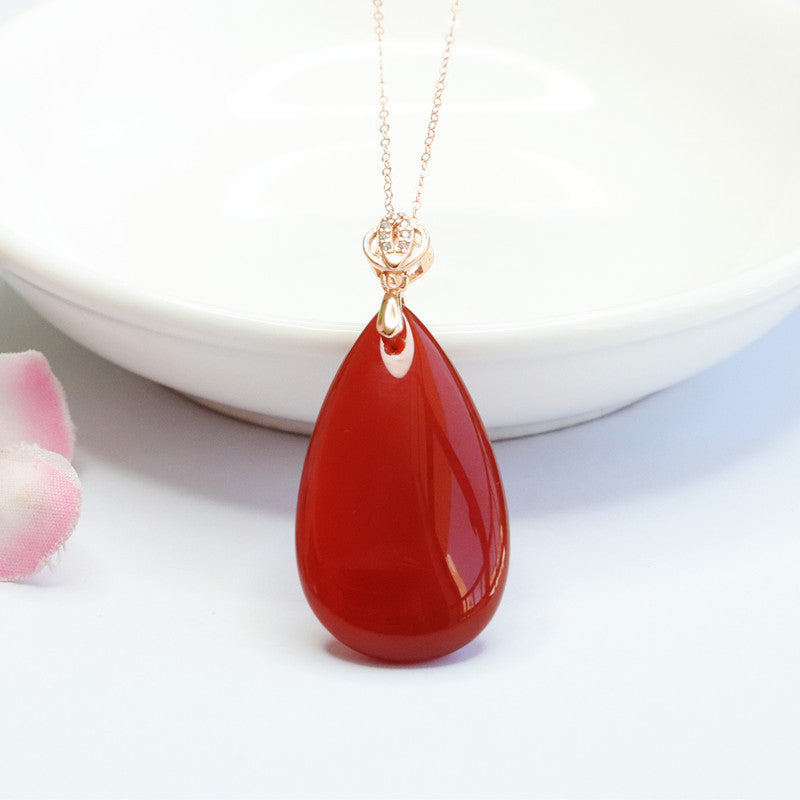 Rose Gold Necklace with Red Agate and Jade Chalcedony Water Droplet Pendant