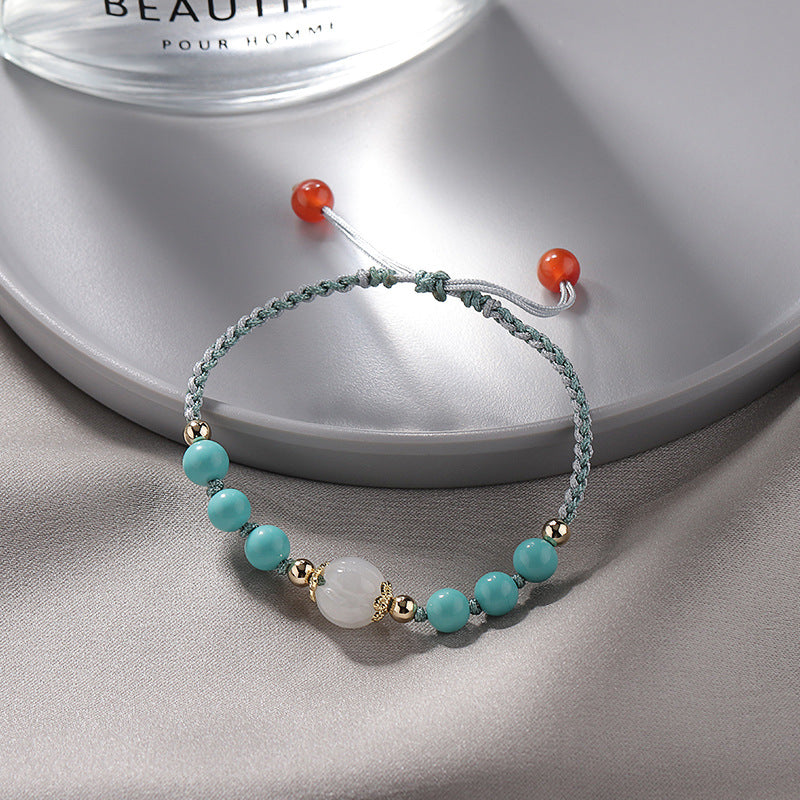 Women's Sterling Silver Braided Bracelet with Natural Turquoise, Red Agate, and Jade Beads