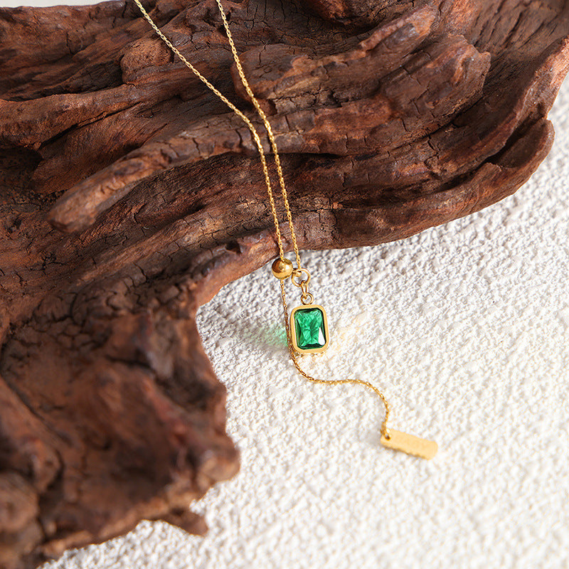 Emerald Zircon Fringe Necklace with Simple English Letter Design