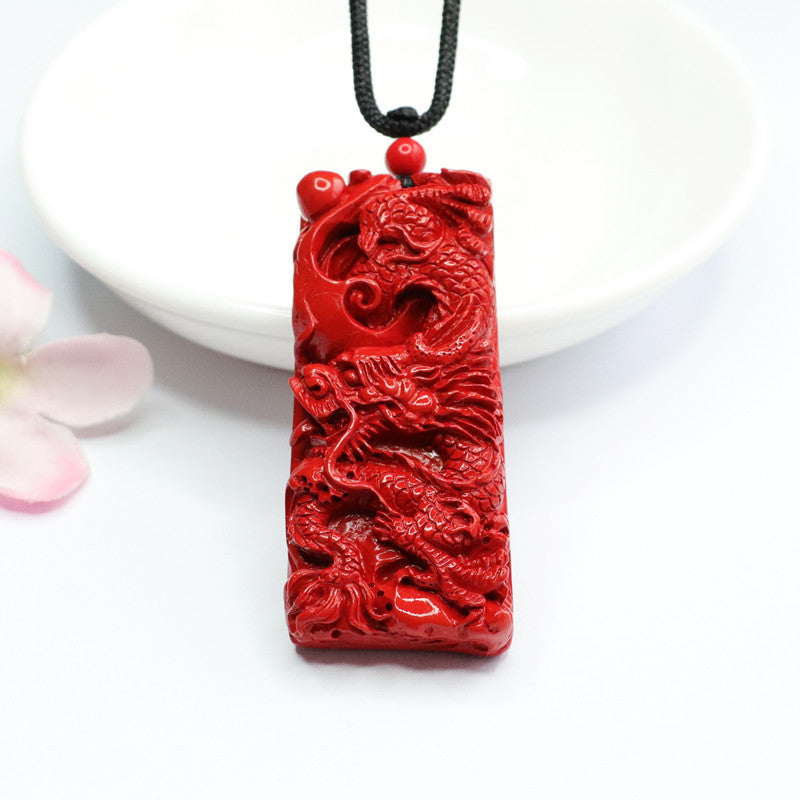 Dragon Carved Red Sand Cinnabar Sterling Silver Pendant