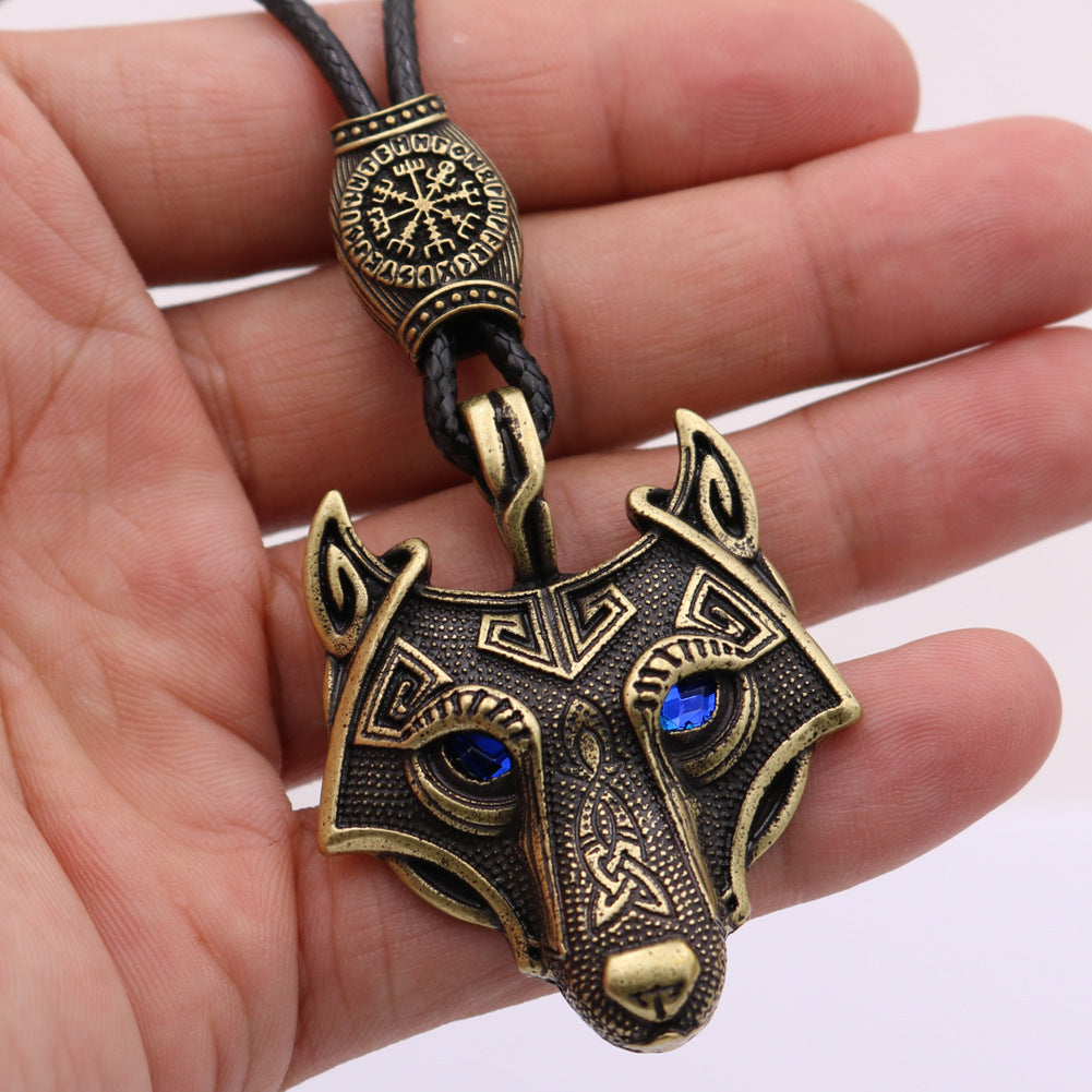 Viking Wolf Head Necklace with Celtic Knot Rune Beads for Men from Norse Legacy Collection