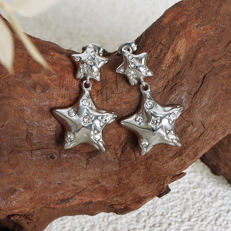 Luxury Pentagonal Star Zircon Earrings in Titanium Steel