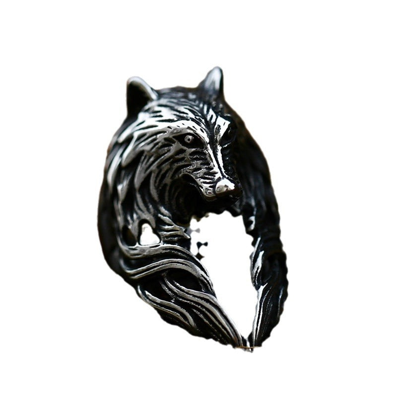 Retro Men's Titanium Steel Wolf Head Ring - European and American Style Stainless Steel Jewelry Wholesale