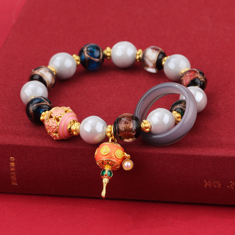 Ceramic Bracelet with Glazed Gray Porcelain and Five-color Beads