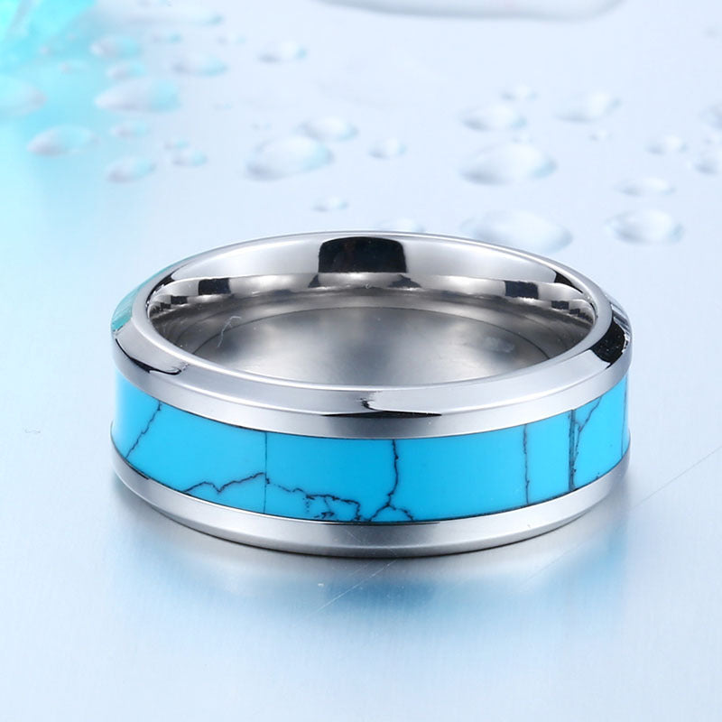 Vintage-Inspired Turquoise Inlaid Titanium Steel Ring for Men and Women – Trendy Everyday Fashion Jewelry