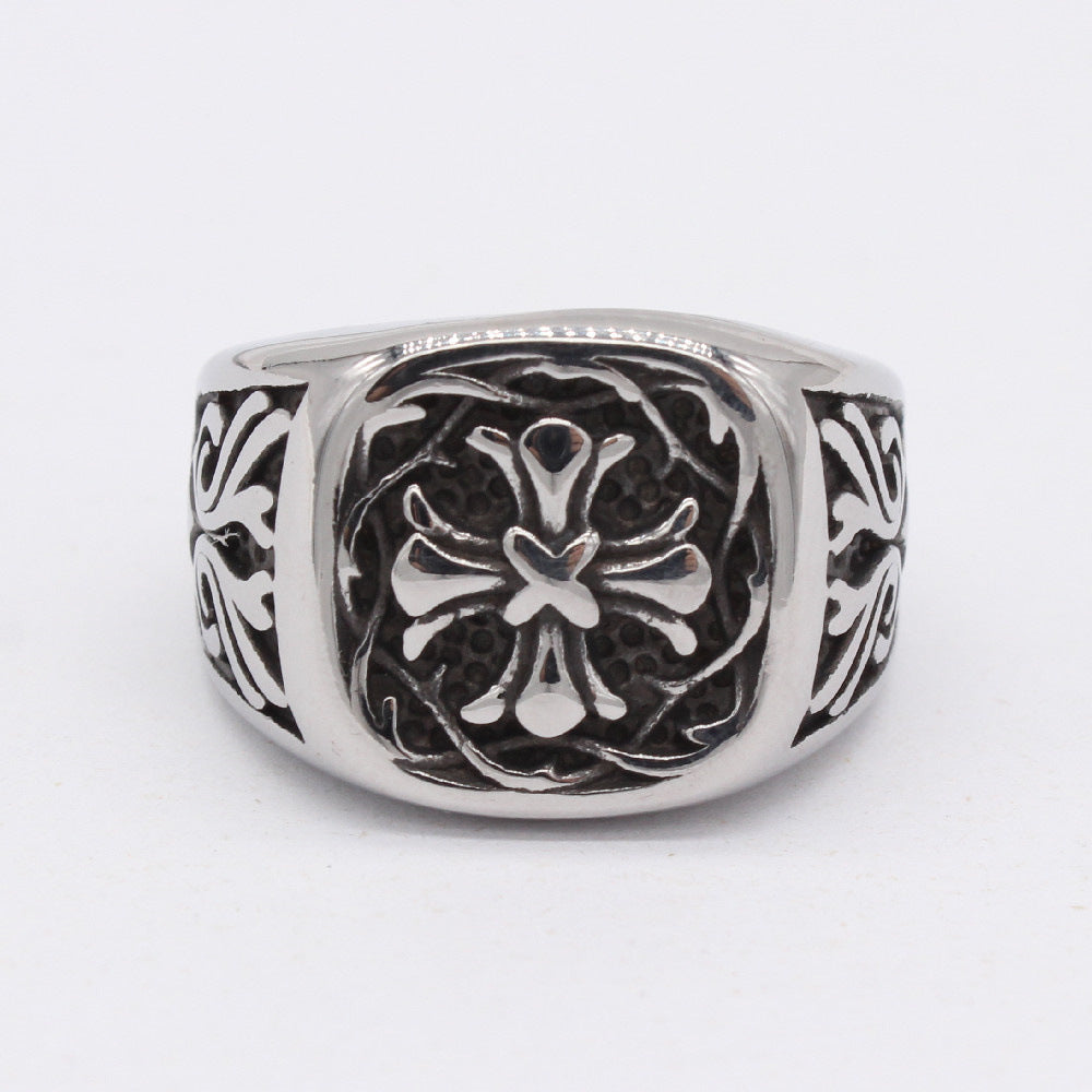 Relief Cross Flower Square Titanium Steel Ring for Men