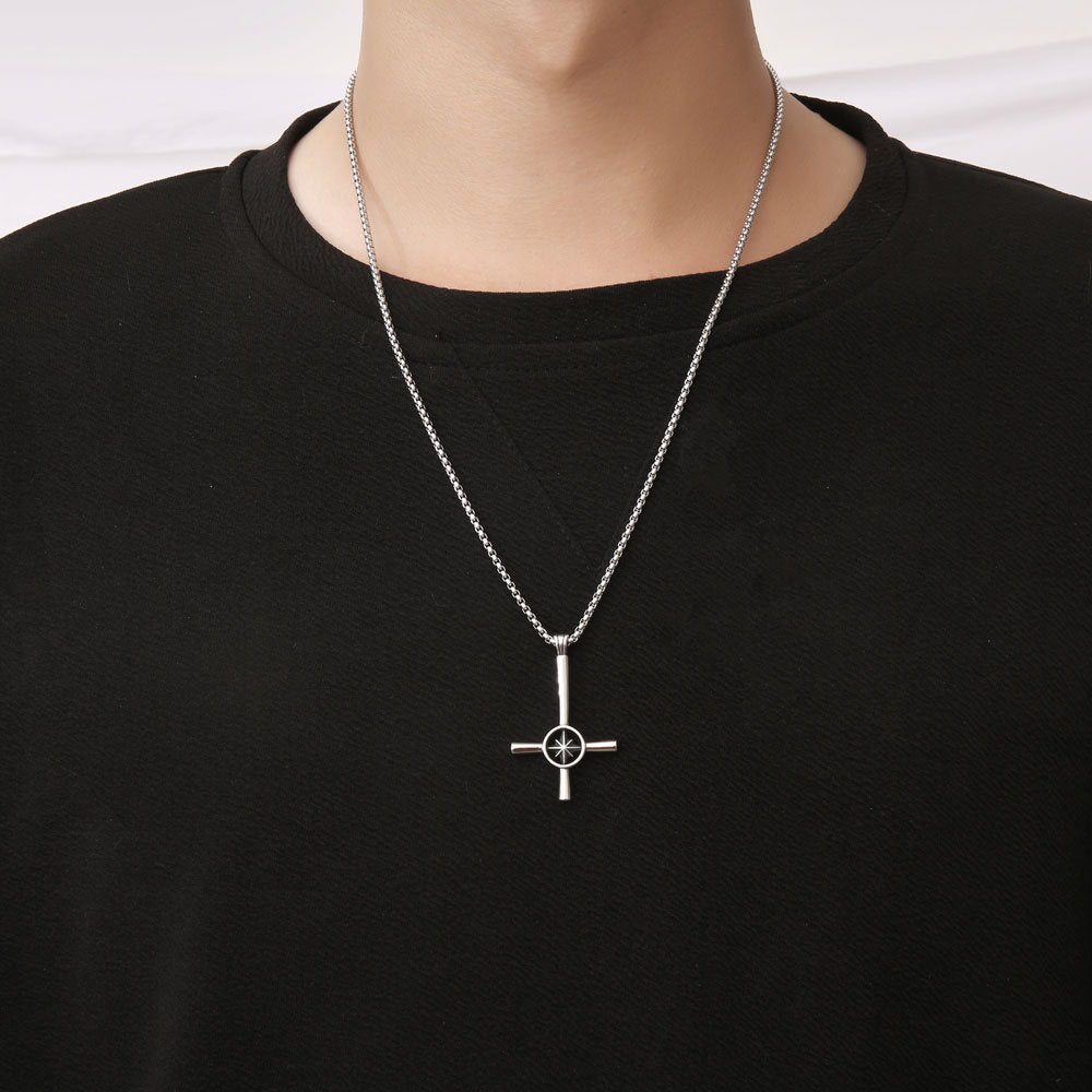 Stylish Stainless Steel Cross Necklace with Star Flower Pendant - Punk Hip-Hop Design for Men