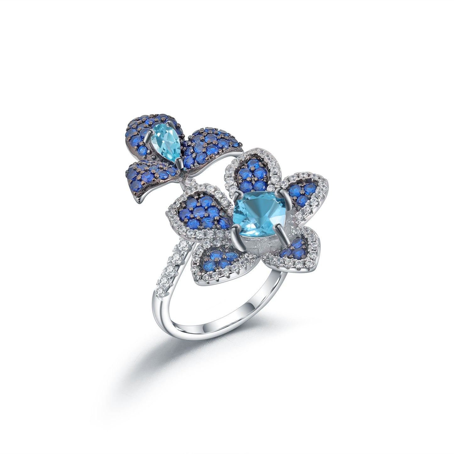 Flower Natural Gemstones Opening Silver Ring