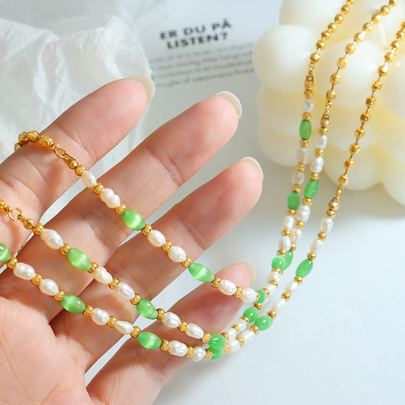 Green Opal and Pearl Beaded Necklace with Titanium Accents - Stylish Accessories for Girls