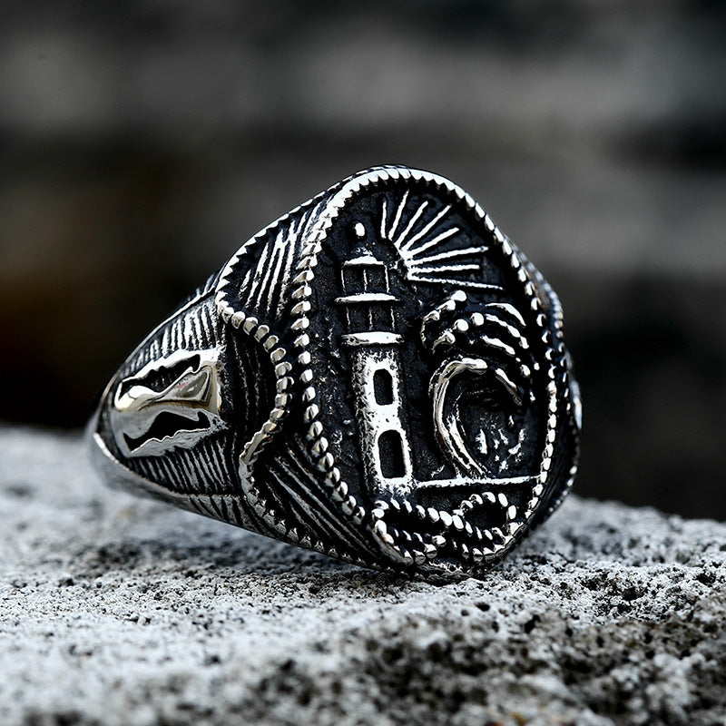 Retro Stainless Steel Lighthouse Ring for Men - Customizable Titanium Steel Design, Sizes 7-13 Available