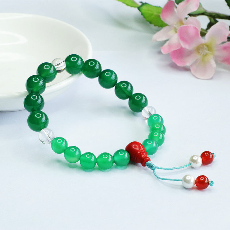 Green Chalcedony and White Crystal Red Agate Sterling Silver Bracelet