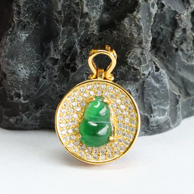 Imperial Green Jade Gourd Necklace with Zircon Pendant in Sterling Silver