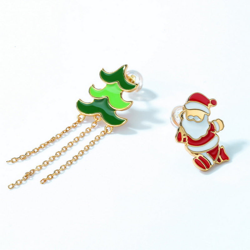 Santa Claus and Christmas Tree Tassel Asymmetric Sterling Silver Earrings