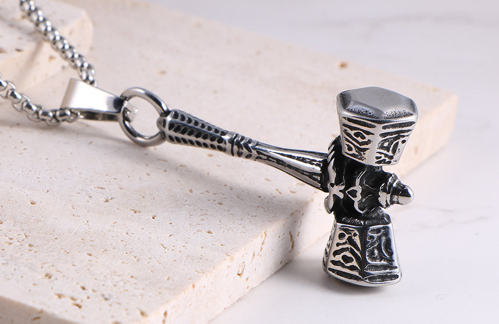 Thor War Drum Hammer Pendant - Retro Titanium Steel Necklace for Trendy Men