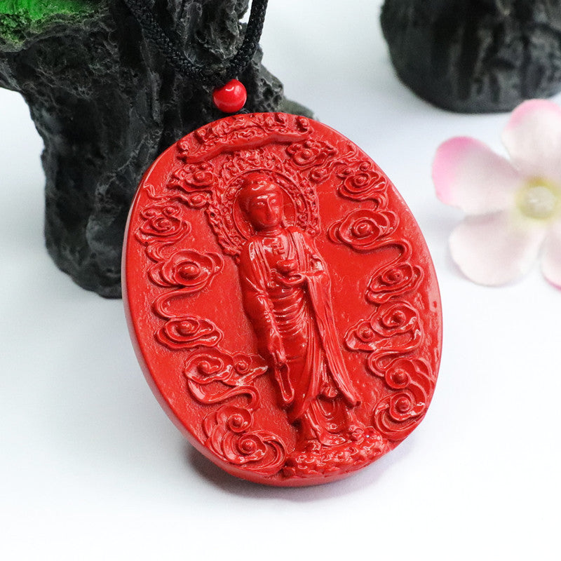 Cinnabar Stone Amitabha Buddha Sterling Silver Pendant