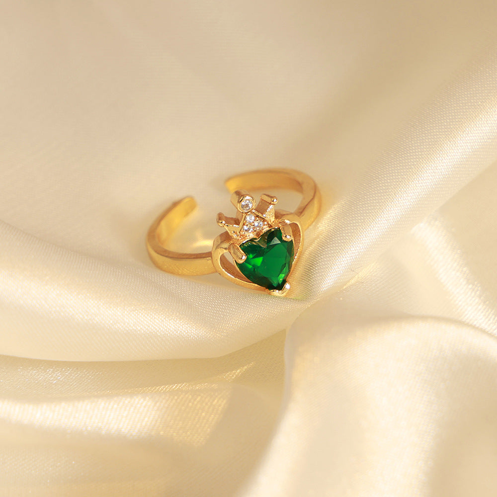 Heart-Shaped Green Zircon Crown Open Ring - Luxury Copper Jewelry