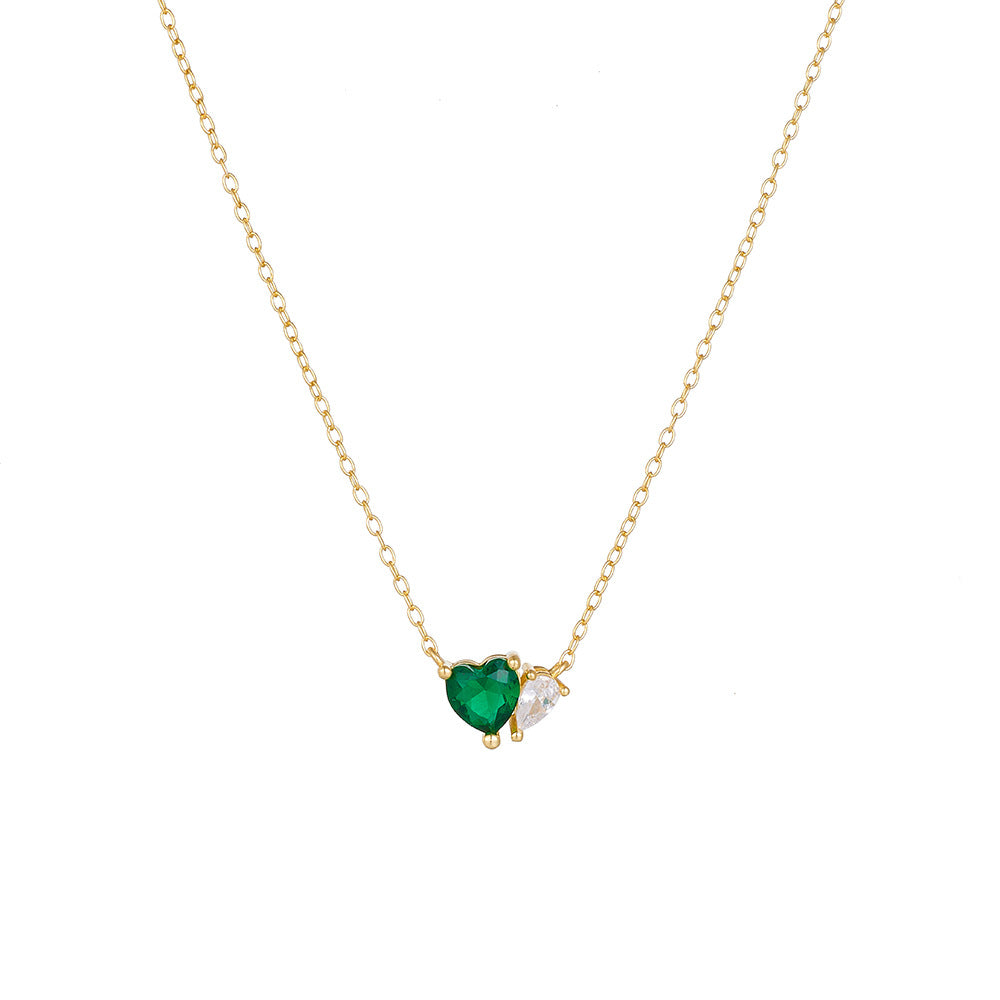 Emerald Green Heart Shape Zircon and Water Drop Zircon Silver Necklace