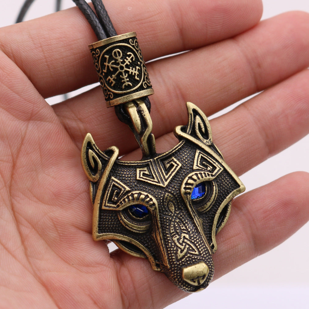 Viking Wolf Head Necklace with Celtic Knot Rune Beads for Men from Norse Legacy Collection