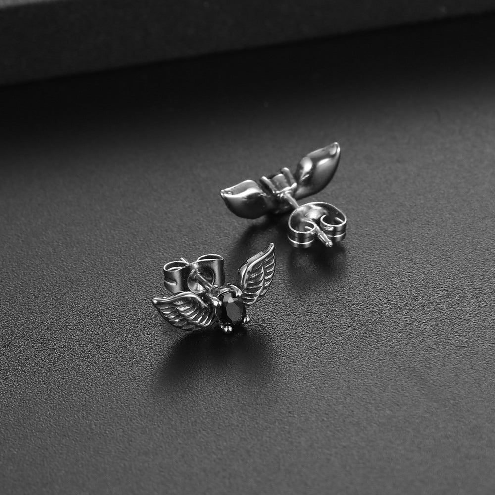 Personalized Titanium Steel Zircon Stud Earrings with Retro Wing Design for Men and Women