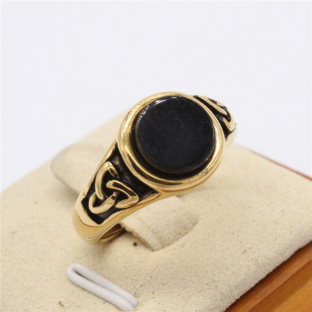 Vintage Viking Round Black Stone Titanium Steel Ring for Men