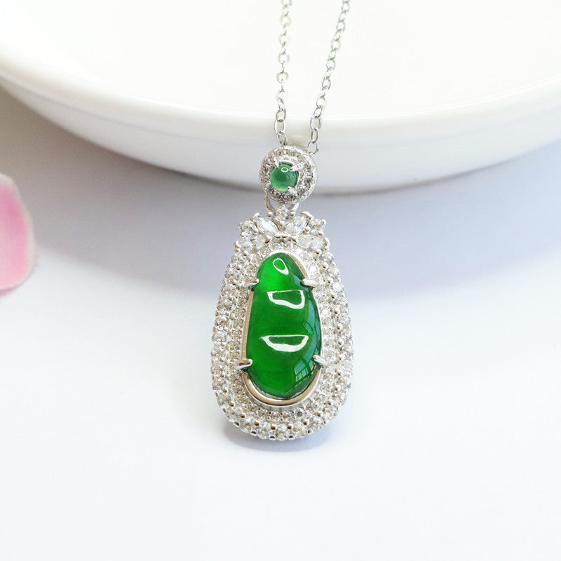 Green Jade and Zircon Sterling Silver Pendant Necklace