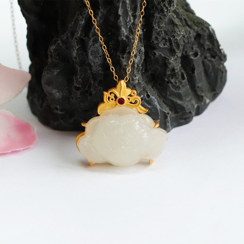 White Jade Lotus Pendant Necklace crafted in Sterling Silver with Natural Hetian Jade