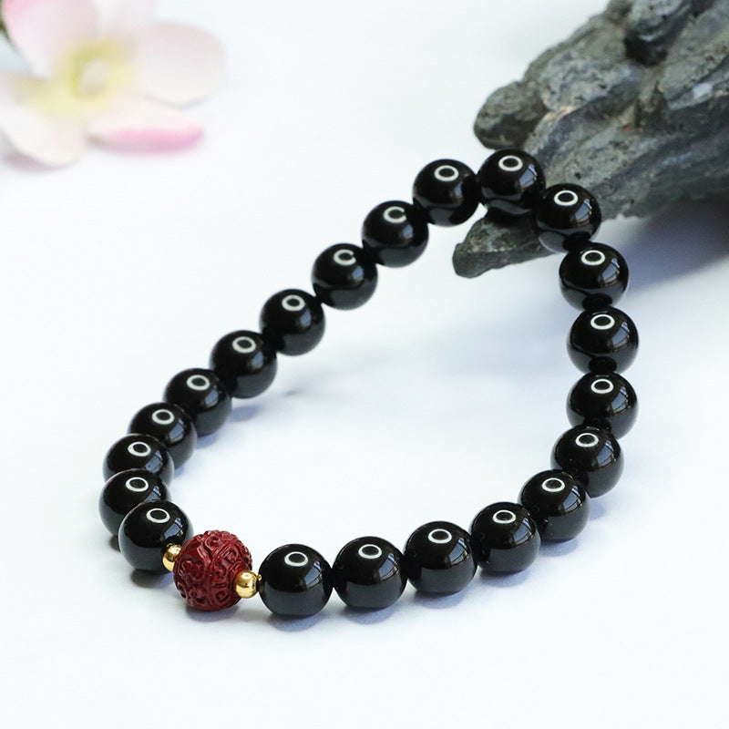 Black Agate and Purple Gold Sand Bead Sterling Silver Bracelet