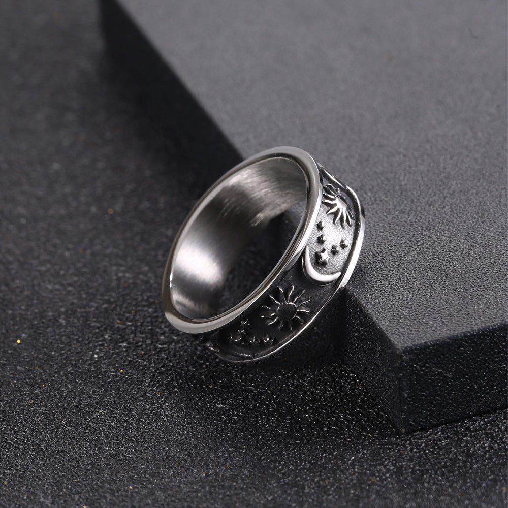 Personalized Retro Hip-Hop Stainless Steel Ring for Men with Star, Sun, and Moon Design