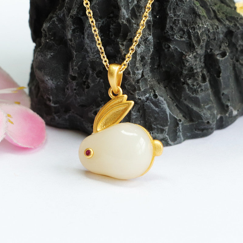 Silver Rabbit Necklace with Natural White Hetian Jade